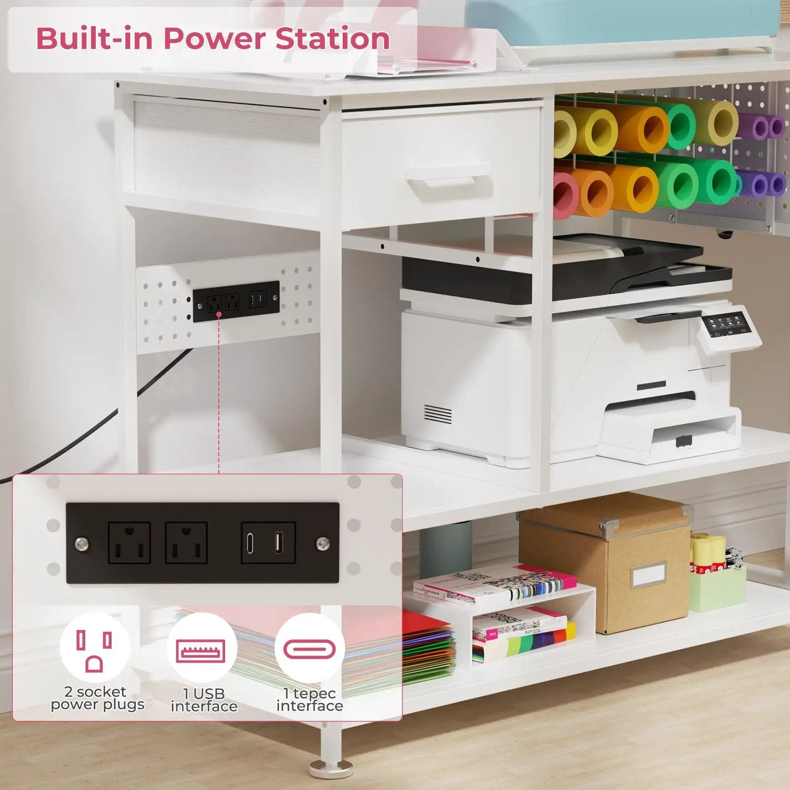 Large Heat Press Table With Charging Station, Movable Workbench For Diy Sublimation - White by HouseOfZazla