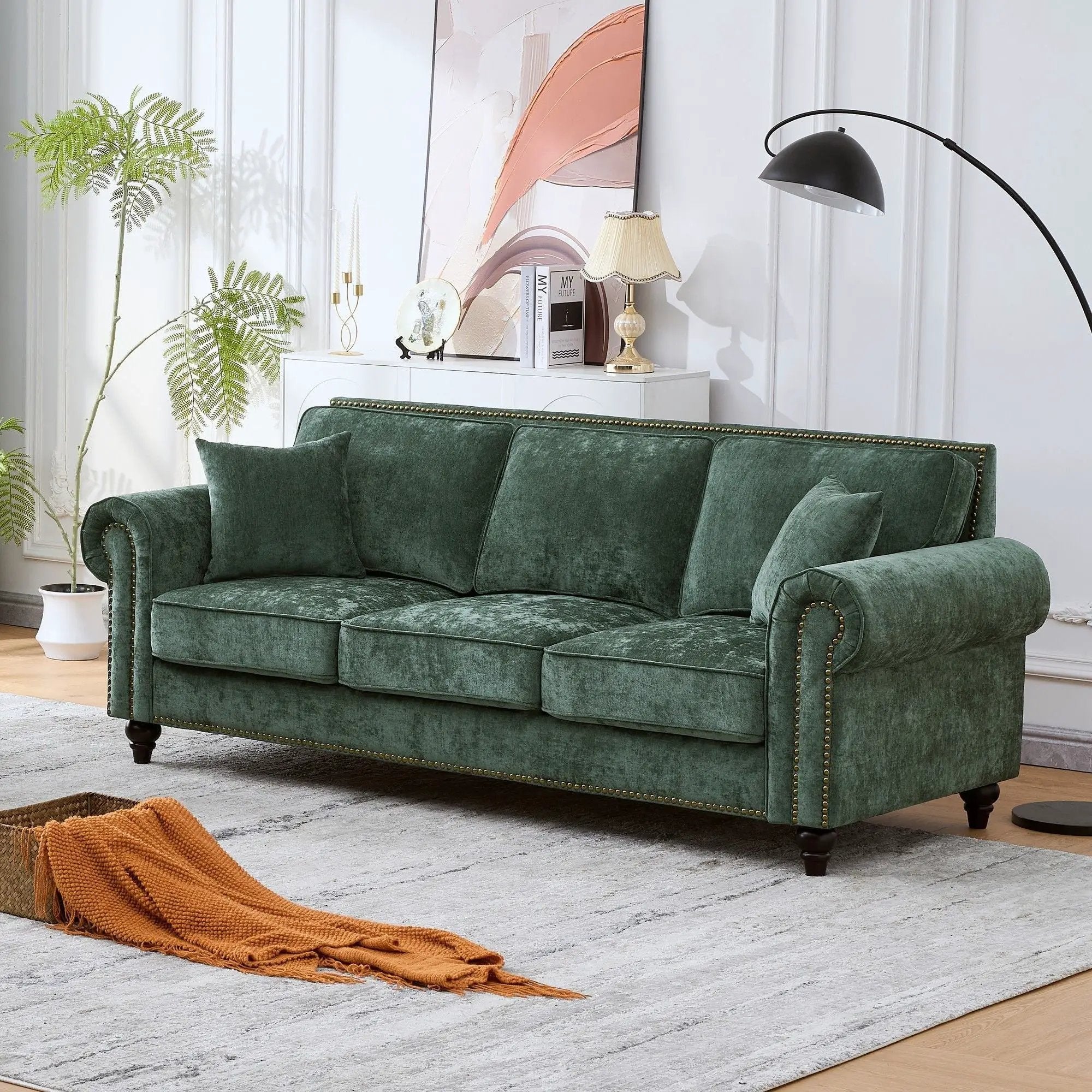 3 Seater Sofa With Tufted Upholstery, Rolled Arms, Nailhead Trim by HouseOfZazla