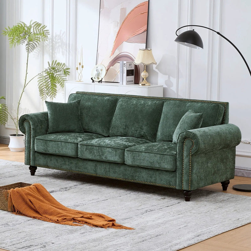 3 Seater Sofa With Tufted Upholstery, Rolled Arms, Nailhead Trim by HouseOfZazla