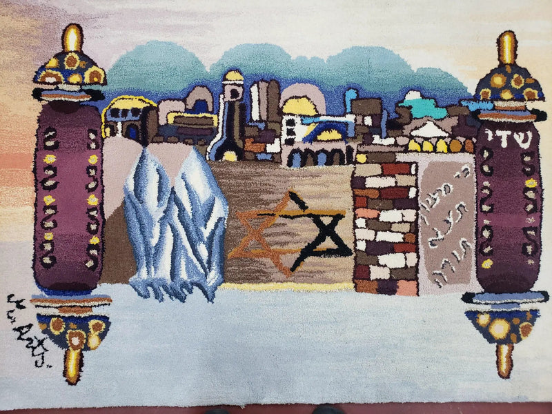 Vintage Judaica Pictorial Rug 3x5, Wool Hand-Tufted Israeli Signed Rug, Jerusalem Rug, Star of David Torah Scroll Verses, Chanuka Gift by Jewel Rugs