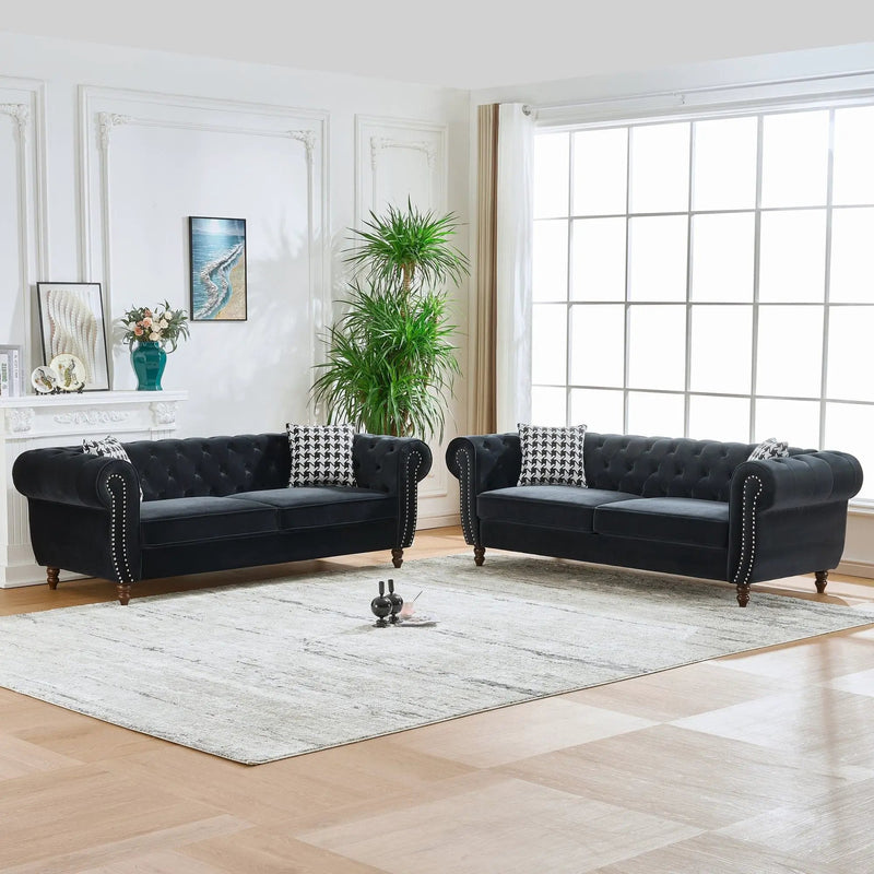 Chesterfield Upholstery Fabric Sofa With Roll Armrest & Nailhead, Mid Century Modern 3 And 3 Seater Couch by HouseOfZazla
