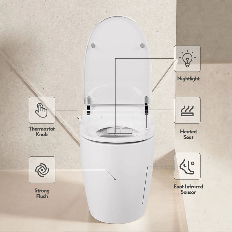 Heated Seat Smart Toilet, One Piece Toilet, Automatic Flush Tank Less Toilet Without Bidet, With Foot Sensor Flush - White Night Light, Knob Control, Power Outage Flushing, Soft Close Cover - White by HouseOfZazla