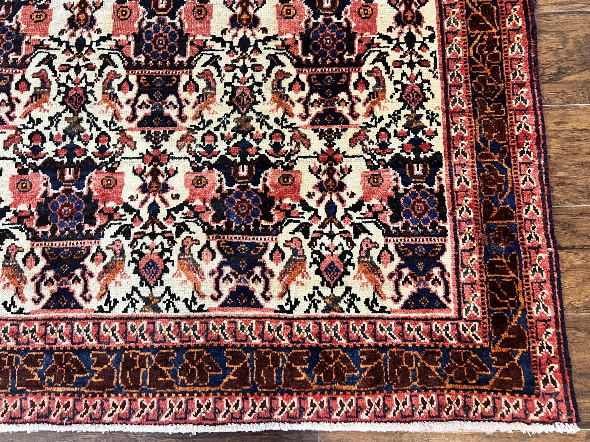 Persian Afshar Rug 6x8, Wool Hand Knotted Semi Antique Vintage Carpet, Floral Allover, Repeated Birds Flowers Vases Motifs by Jewel Rugs