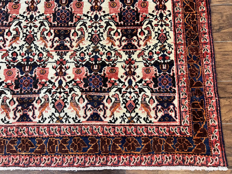 Persian Afshar Rug 6x8, Wool Hand Knotted Semi Antique Vintage Carpet, Floral Allover, Repeated Birds Flowers Vases Motifs by Jewel Rugs