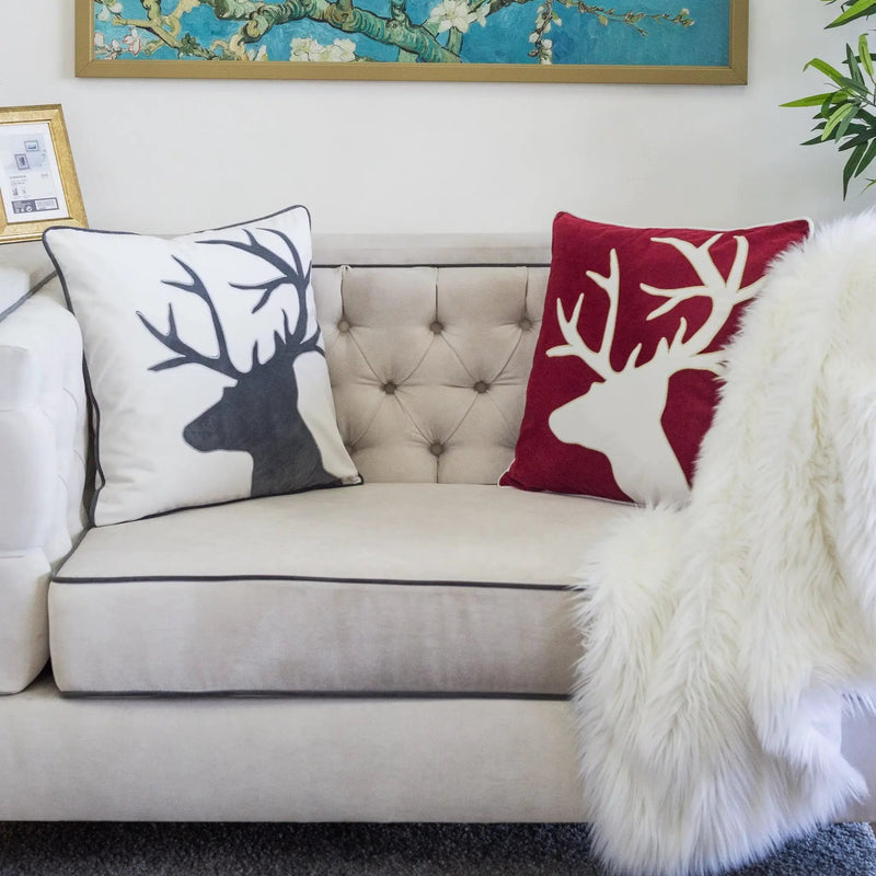 Holiday Reindeer Velvet Accent Pillow 20x20 – Red and White with Insert by HouseOfZazla