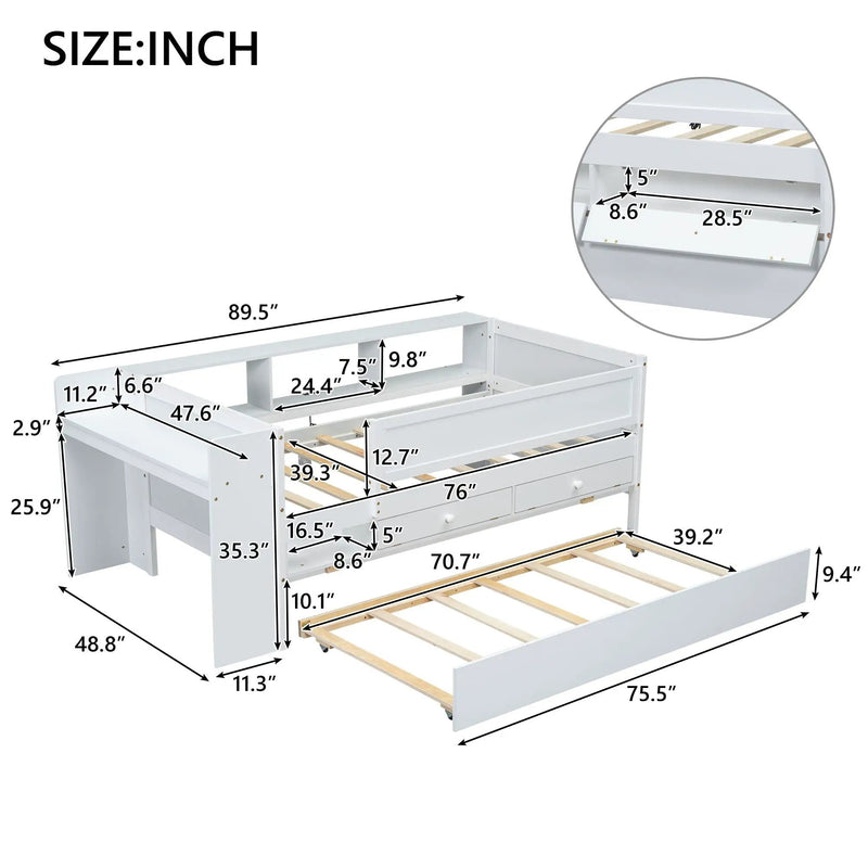 Twin Daybed With Drawers, Trundle, Headboard Storage, Study Desk, And USB Charging Station - White by Unique Piece Furniture