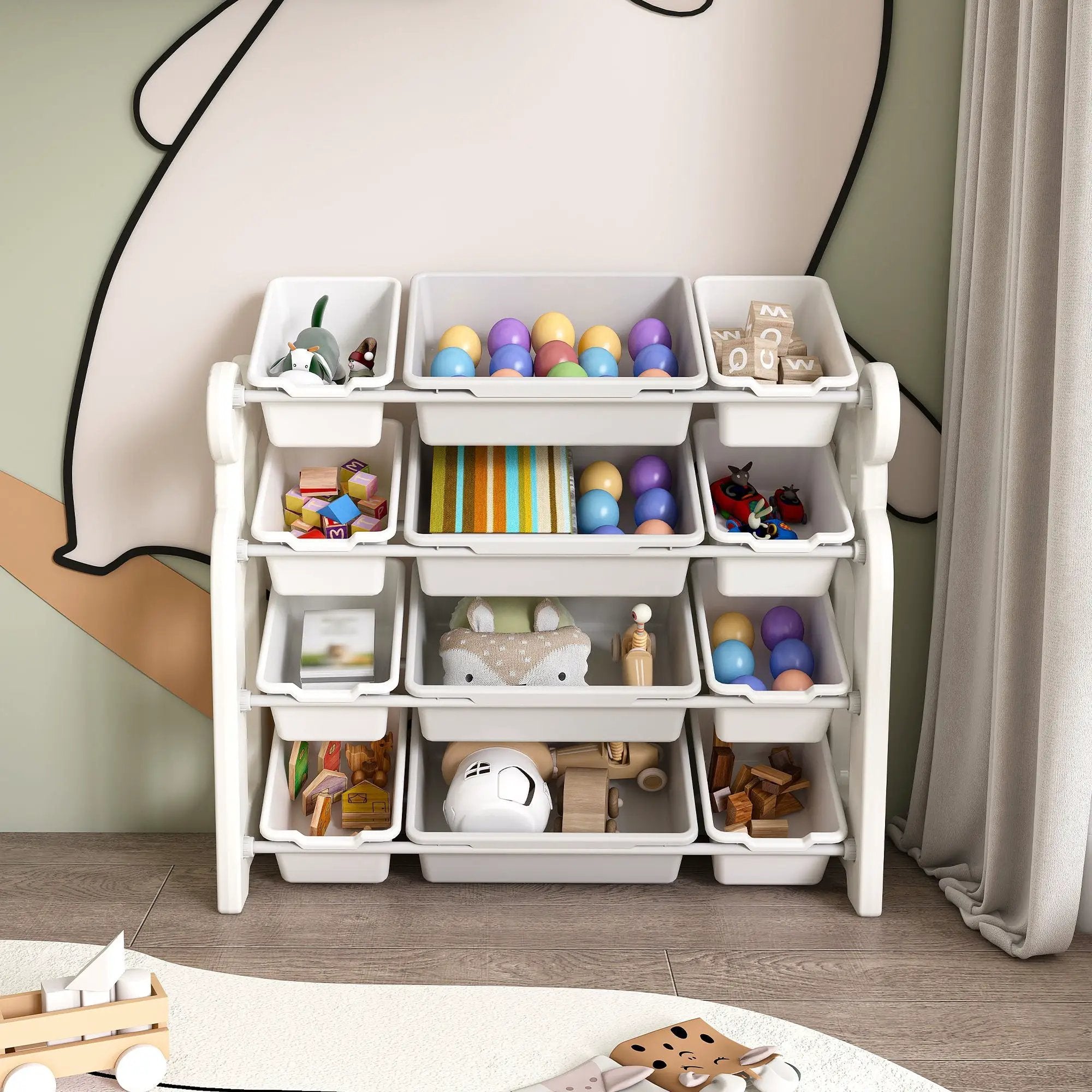 Multi Functional Kids Toy Storage Organizer Cabinet With Hdpe Shelf And 12 Bins - Gray White by Unique Piece Furniture