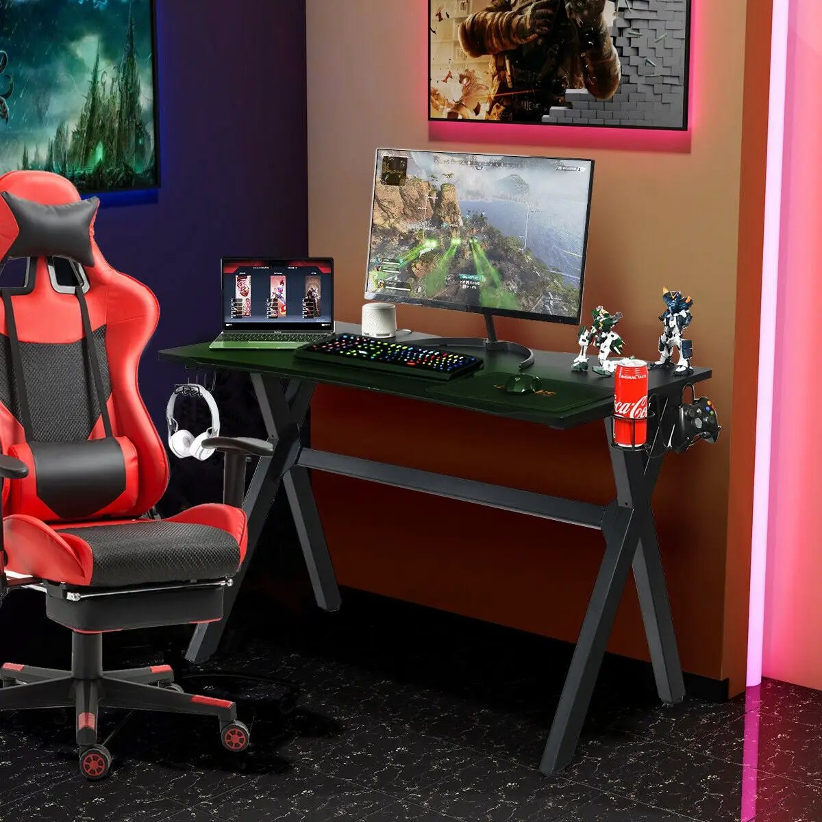 Ergonomic Gaming Desk with Mousepad and Cup Headphone Holder by DirectDeals