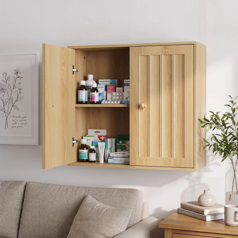 Wall Mounted Bathroom Cabinet With Double Doors And Vertical Grooved Design For Bathrooms - Oak by Unique Piece Furniture