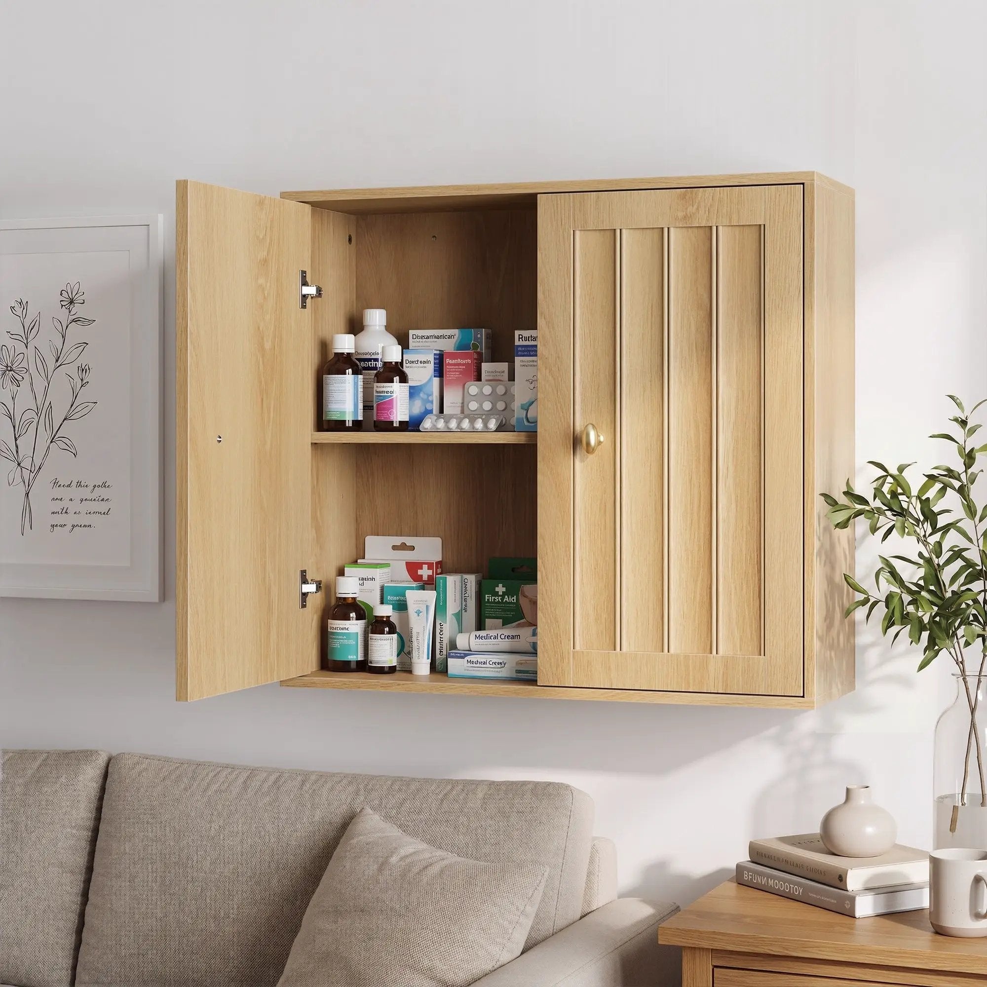 Wall Mounted Bathroom Cabinet With Double Doors And Vertical Grooved Design For Bathrooms - Oak by HouseOfZazla