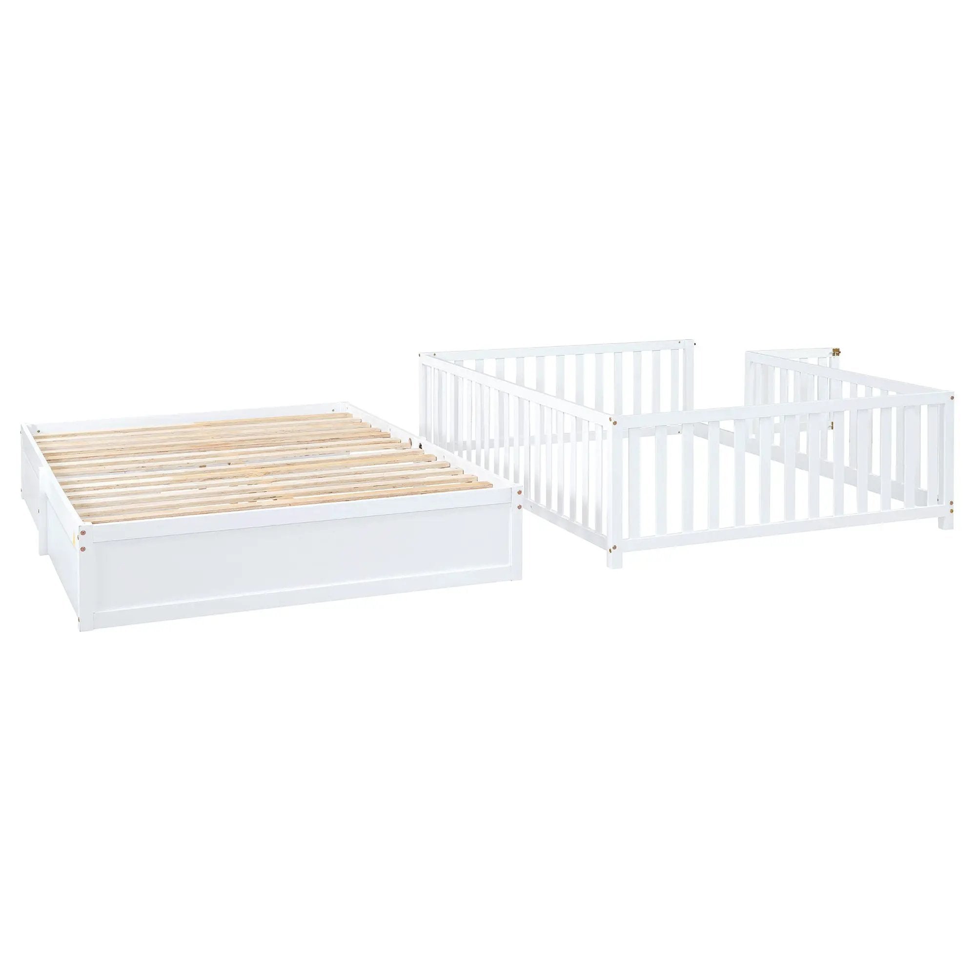Daybed With Fence Guardrails And 2 Drawers, Split Into Independent Floor Bed & Daybed by HouseOfZazla