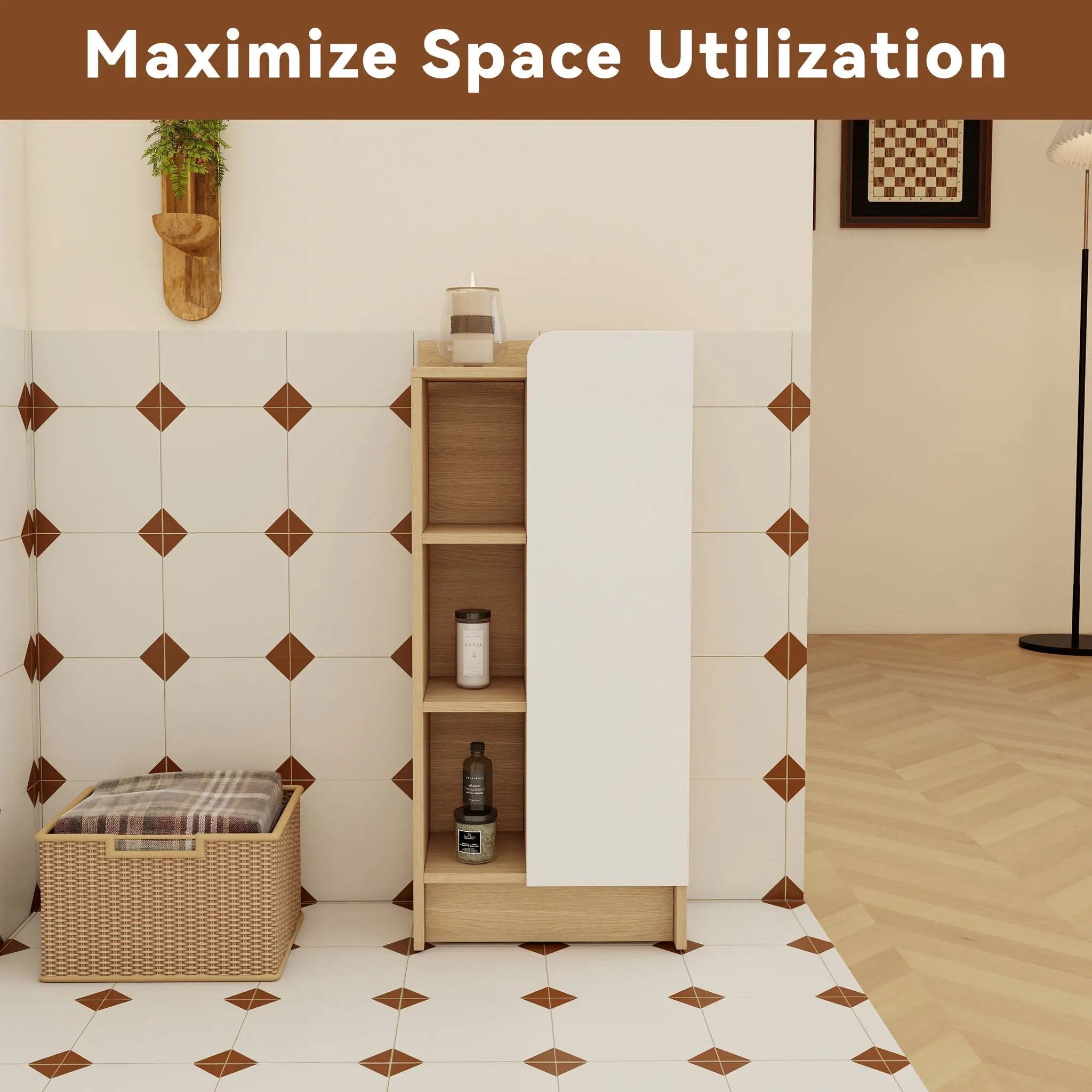 Freestanding Bathroom Side Cabinet, Narrow Storage Cabinet With Single Door & 3 Tier Open Shelves - Black / Light Oak / White by HouseOfZazla