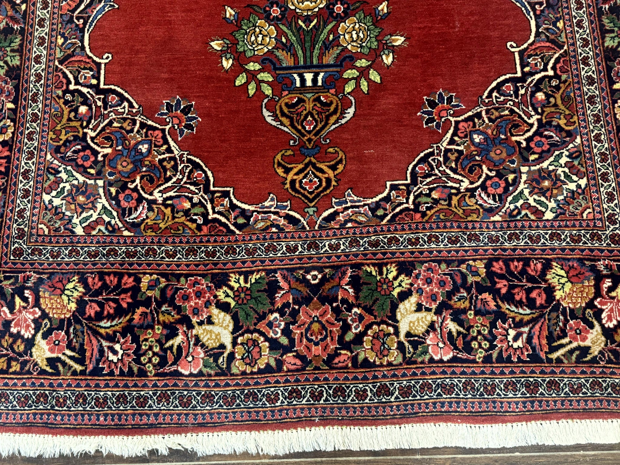 Red Persian Kashan Rug 4x6, Very Fine 260 KPSI, Red and Navy Blue Persian Carpet, Semi Open Field by Jewel Rugs