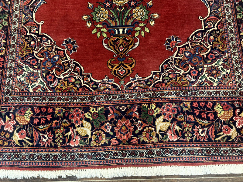 Red Persian Kashan Rug 4x6, Very Fine 260 KPSI, Red and Navy Blue Persian Carpet, Semi Open Field by Jewel Rugs