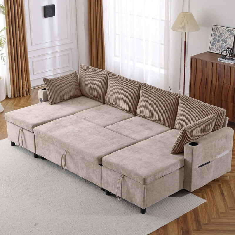Sectional Sofa Bed With Pull Out Sleeper, USB Ports, Cup Holders by HouseOfZazla