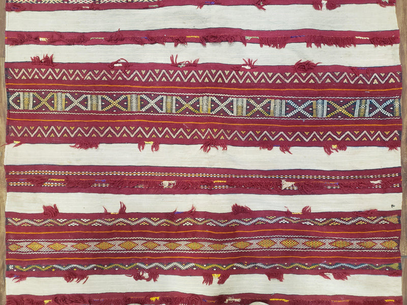 Antique Turkoman Yamud Rug 3x5 ft, 1920s Turkmen Sofreh Table Cover, Bohemian Rug, Tribal Collectible, Striped Rug, Handmade Ivory and Red by Jewel Rugs