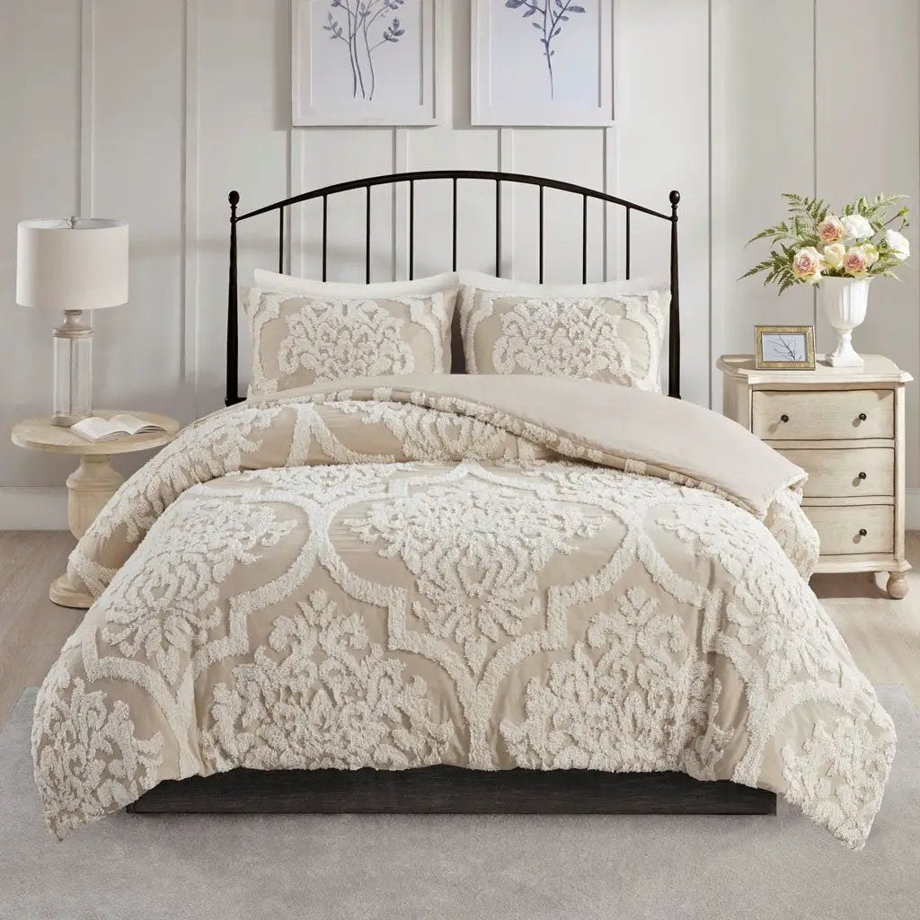 King/Cal King 3 Piece Tufted Cotton Chenille Damask Duvet Cover Set by HouseOfZazla