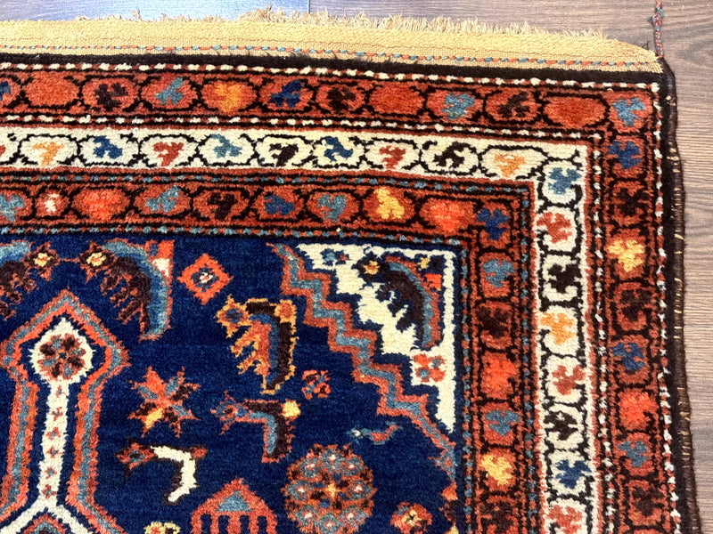 Antique Persian Hamadan Rug 4x6, Geometric, Double Medallions, Navy Blue, Tribal Carpet by Jewel Rugs