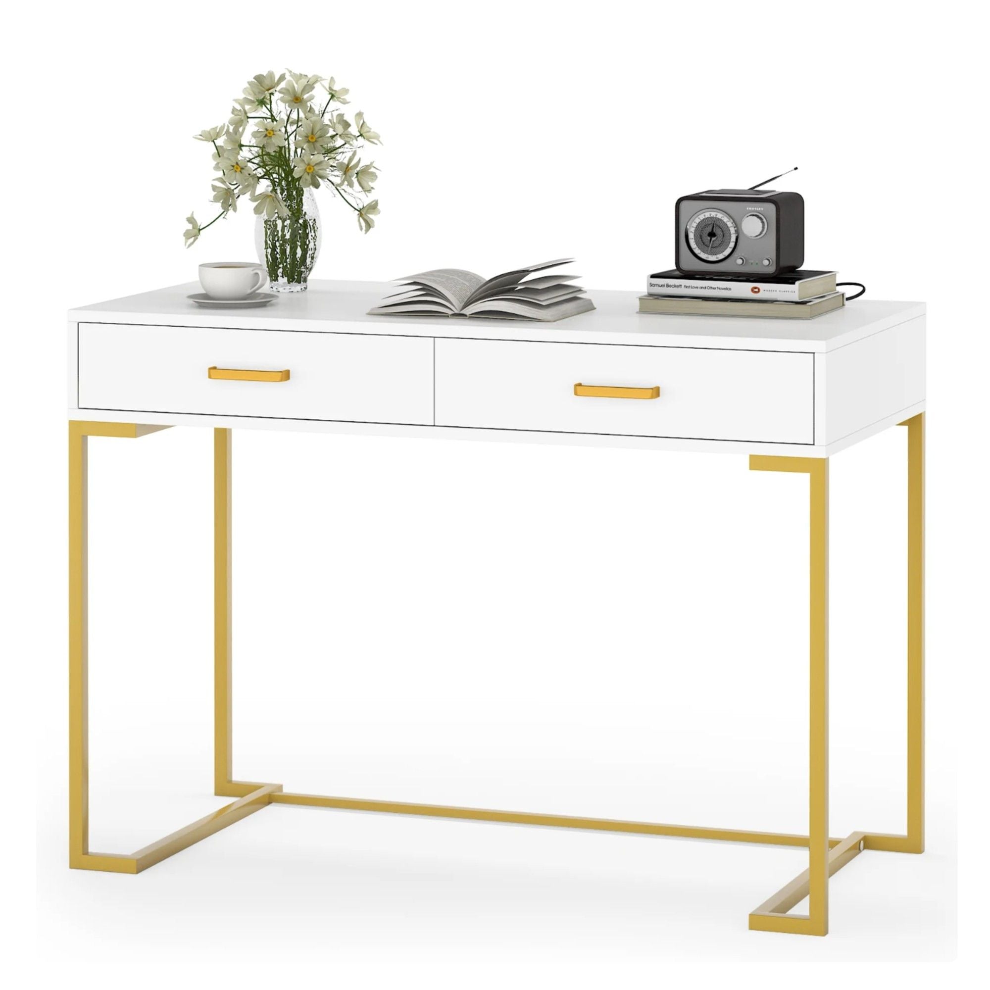 Minimalist Home Office Computer Desk With 2 Drawers, Compact Writing Table For Small Spaces - White / Gold by HouseOfZazla