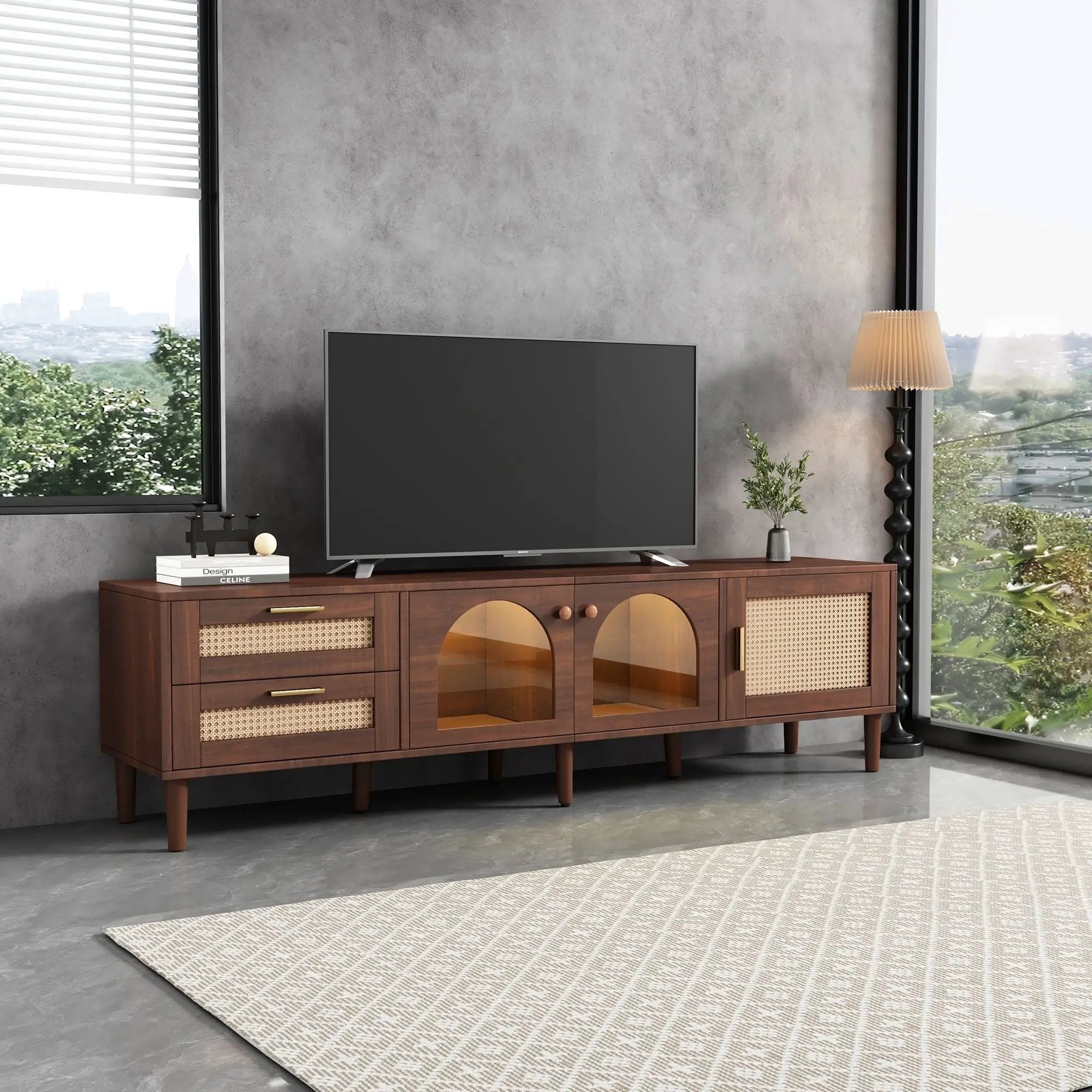 TV Stand With 3 Cabinets & 2 Drawers, LED Light Media Console For TVs Up To 80" - Dark Brown by Unique Piece Furniture