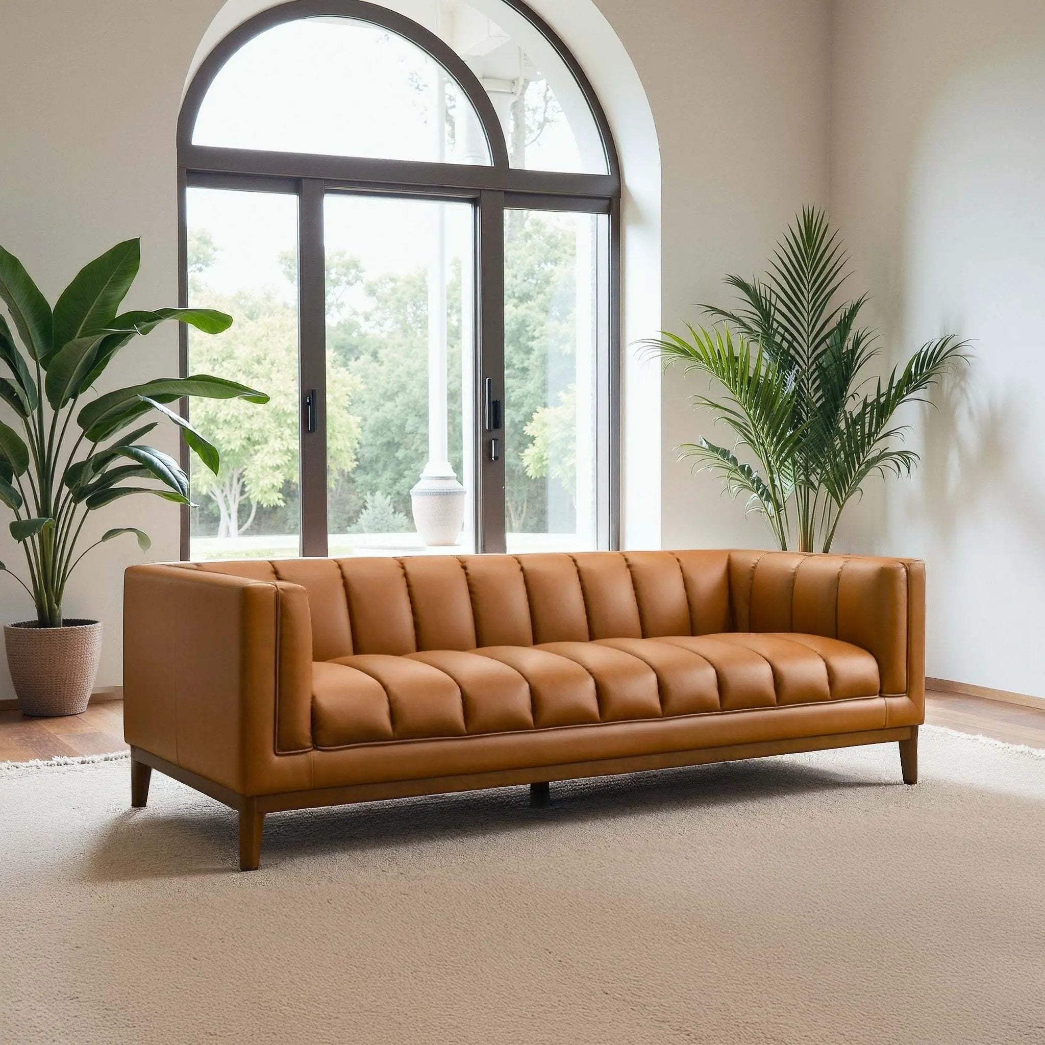 Melissa Mid-Century Cognac Vegan Leather Modern Sofa by HouseOfZazla