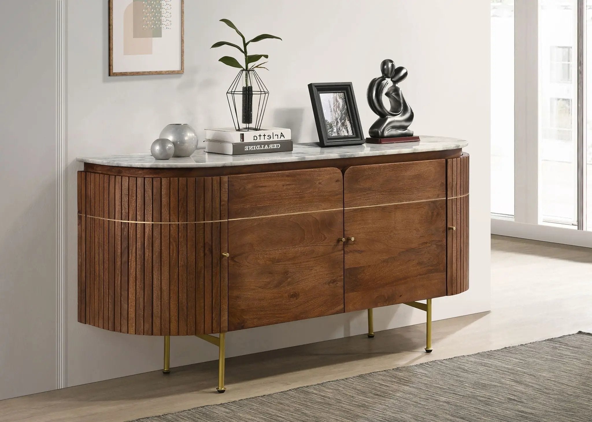 Ortega 4-door Marble Top Sideboard Buffet Cabinet Natural by Unique Piece Furniture