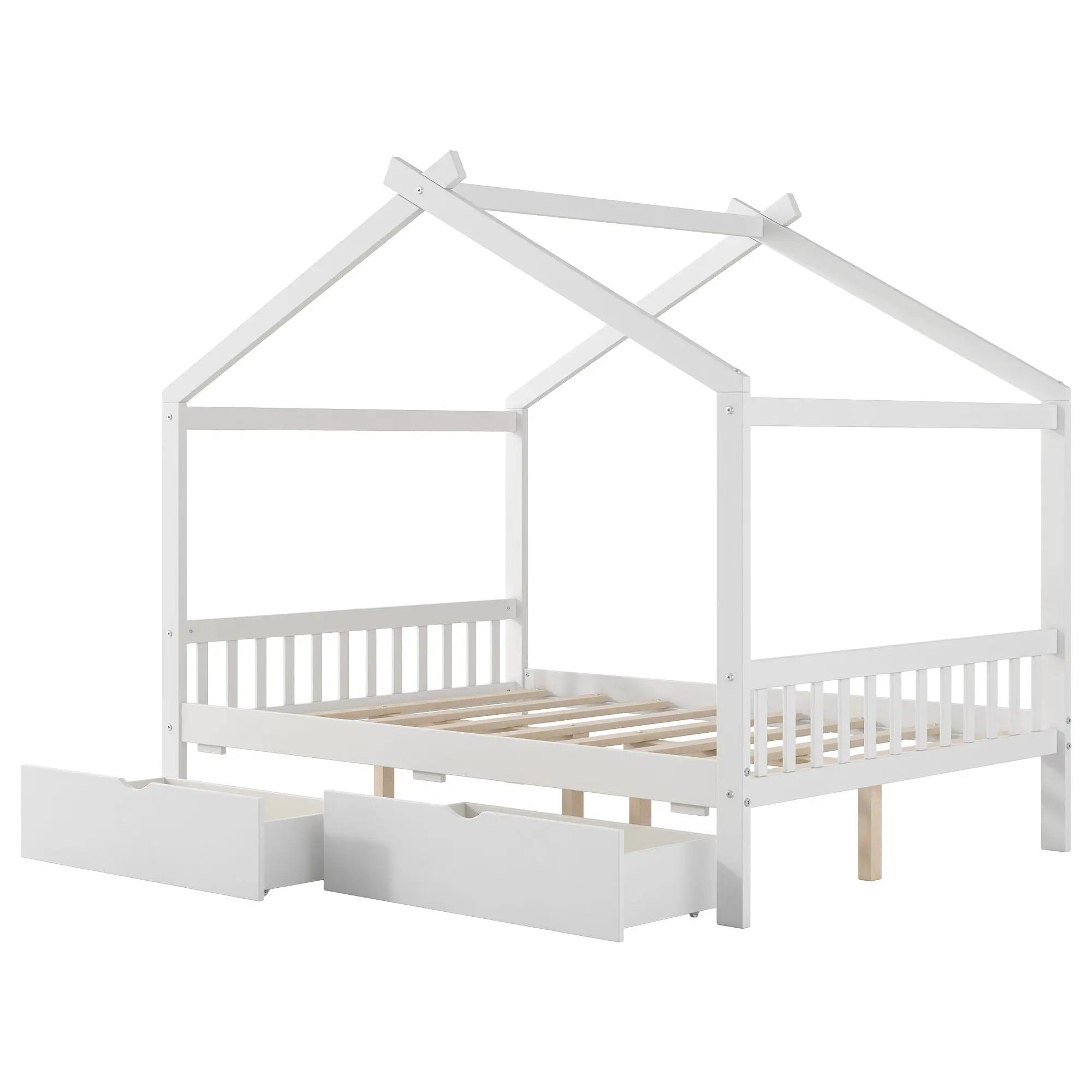 House Style Platform Bed With Headboard, Footboard, 2 Drawers, And Roof Design by HouseOfZazla