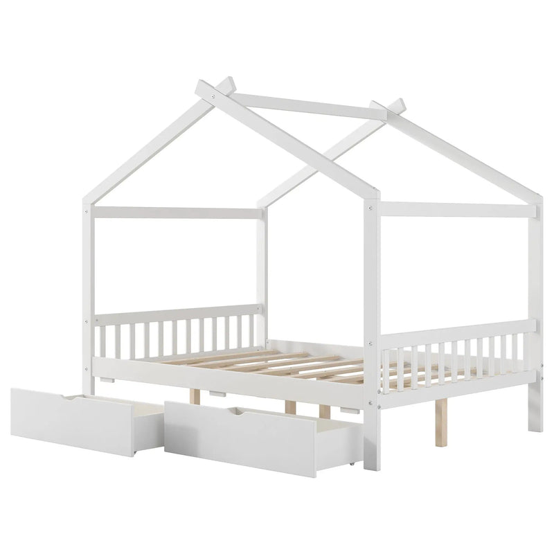 House Style Platform Bed With Headboard, Footboard, 2 Drawers, And Roof Design by HouseOfZazla