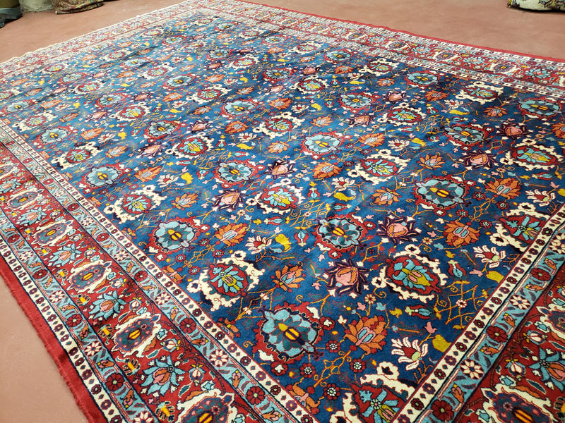 Rare Antique Persian Veramin Carpet, Mina-Khani Pattern, Blue, Red, Ivory, 7x11 ft, Hand-Knotted, Wool by Jewel Rugs