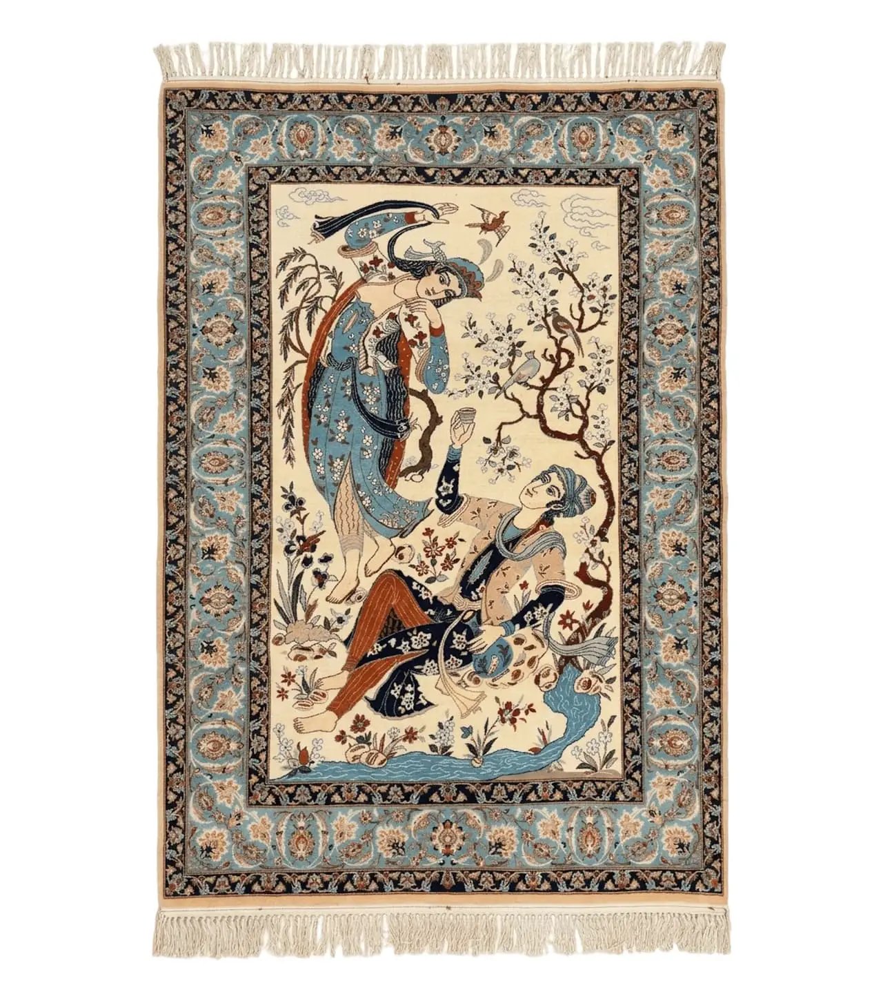 Persian Isfahan Pictorial Rug, Two Lovers, Kork Wool on Silk Foundation, Ivory and Light Blue, 500 KPSI Super Fine by Jewel Rugs