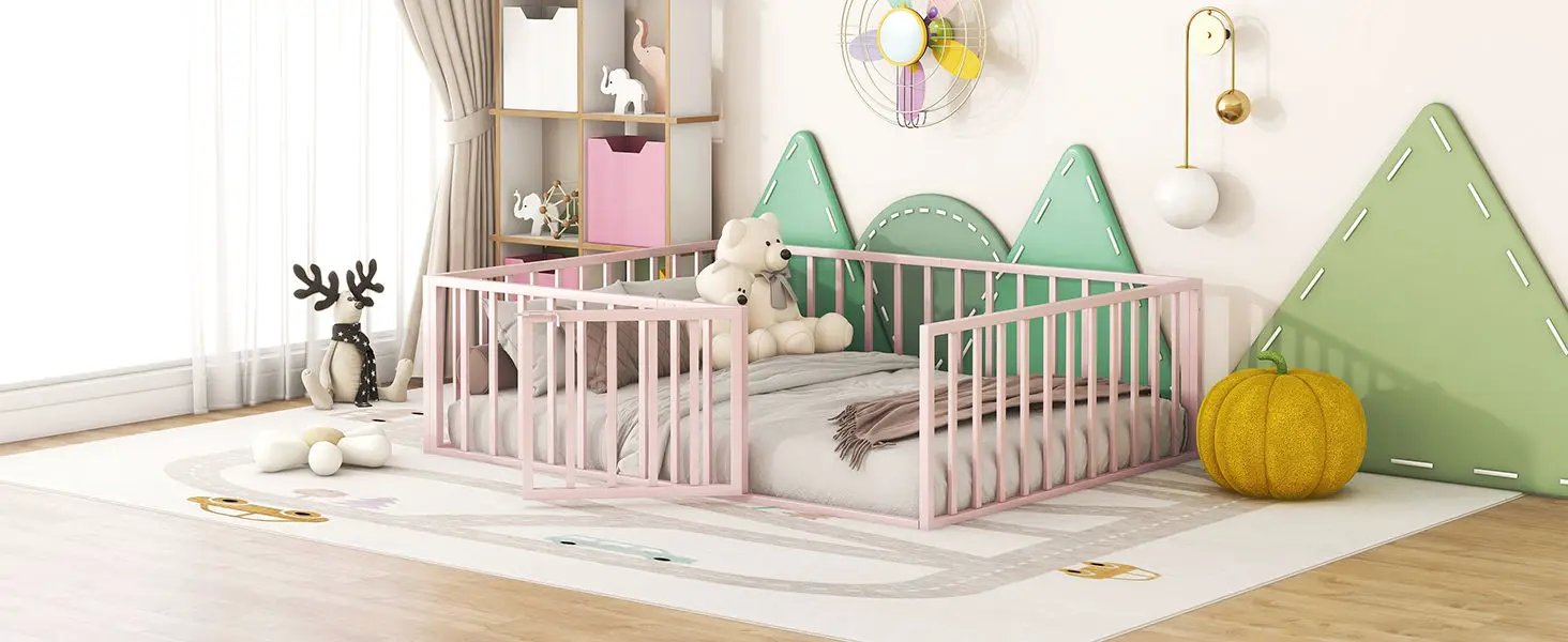 Metal Floor Bed Frame With Fence And Door by HouseOfZazla