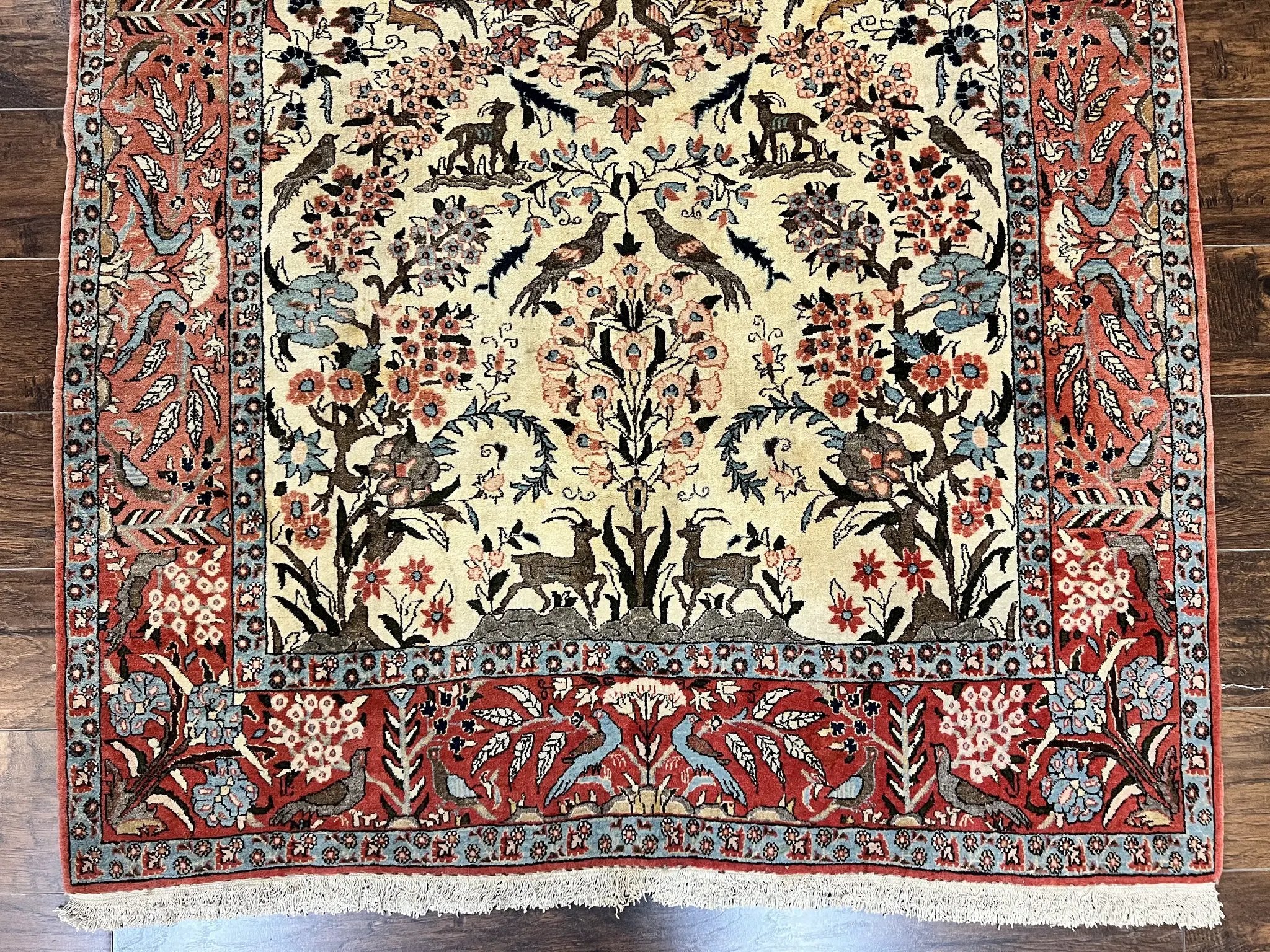 Persian Tree of Life 5x7, Qum Rug, Animal Motifs, Deer Birds, Fine 225 KPSI, Semi Antique Wool Rug, Cream Red by Jewel Rugs