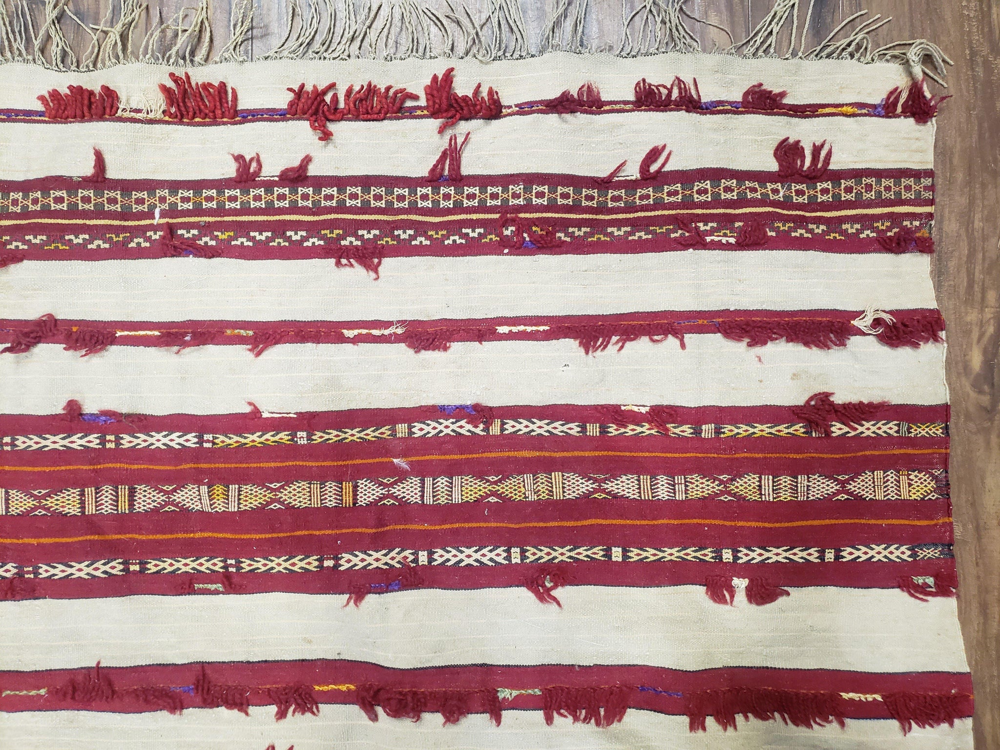 Antique Turkoman Yamud Rug 3x5 ft, 1920s Turkmen Sofreh Table Cover, Bohemian Rug, Tribal Collectible, Striped Rug, Handmade Ivory and Red by Jewel Rugs