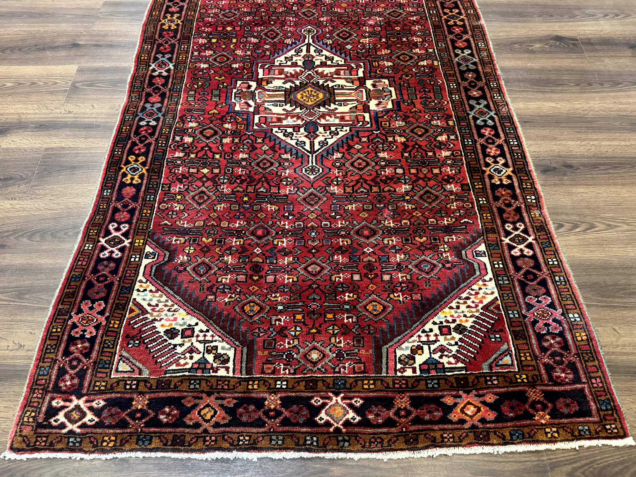 Persian Hamadan Rug 4x7, Tribal Village Malayer Carpet, Red and Ivory, Bohemian Antique by Jewel Rugs