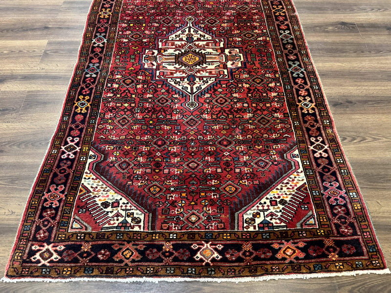 Persian Hamadan Rug 4x7, Tribal Village Malayer Carpet, Red and Ivory, Bohemian Antique by Jewel Rugs