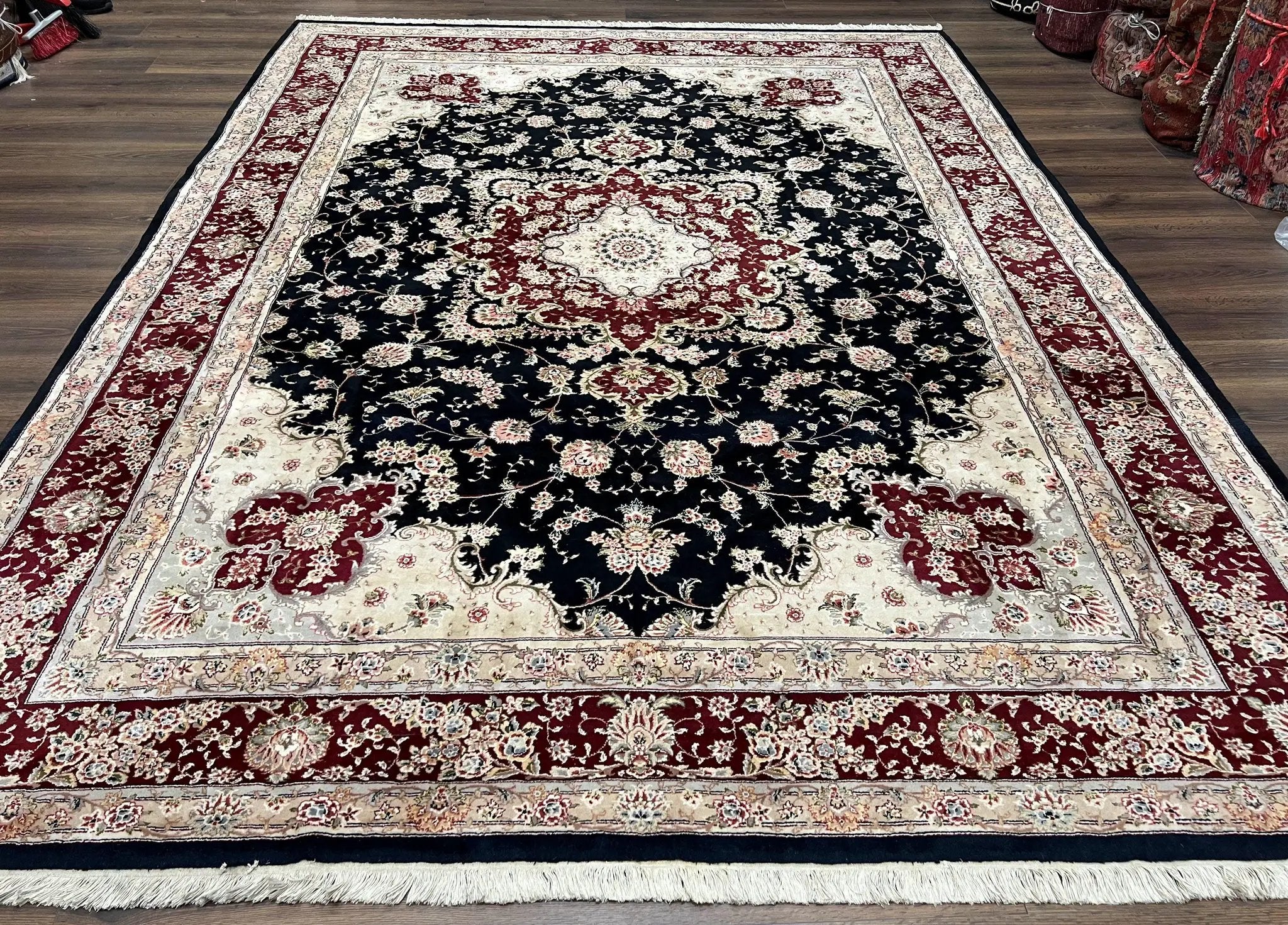Pak Persian Rug 8.8 x 10.6, Floral Medallion, Wool and Silk Hand Knotted Fine Oriental Carpet, Elegant Rug, Black Gray Burgundy, Room Sized by Jewel Rugs