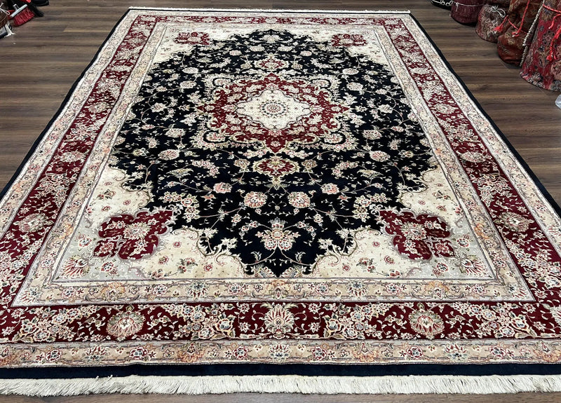 Pak Persian Rug 8.8 x 10.6, Floral Medallion, Wool and Silk Hand Knotted Fine Oriental Carpet, Elegant Rug, Black Gray Burgundy, Room Sized by Jewel Rugs