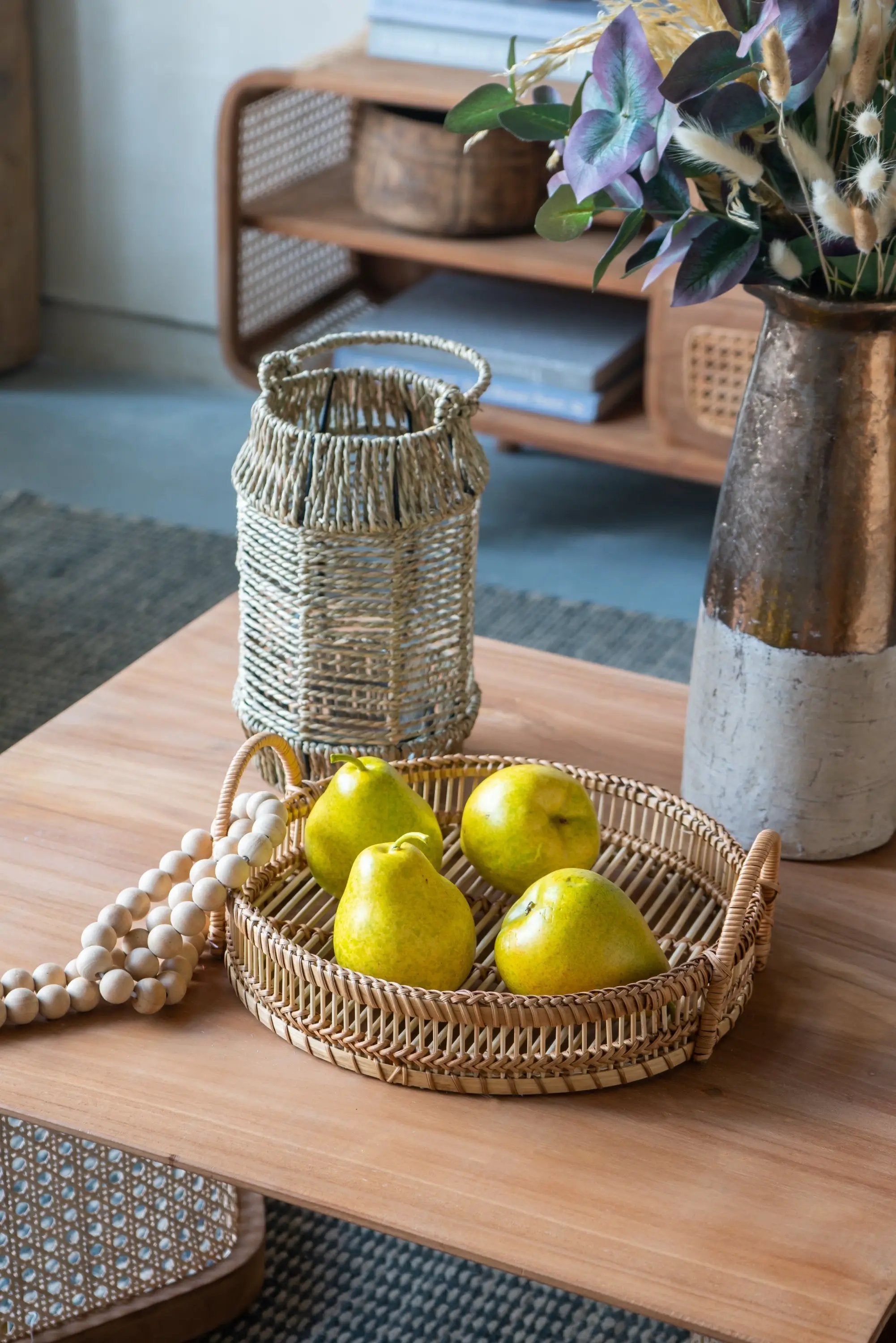 Set of 3 Round Decorative Brown Bamboo Woven Trays with Handles by HouseOfZazla