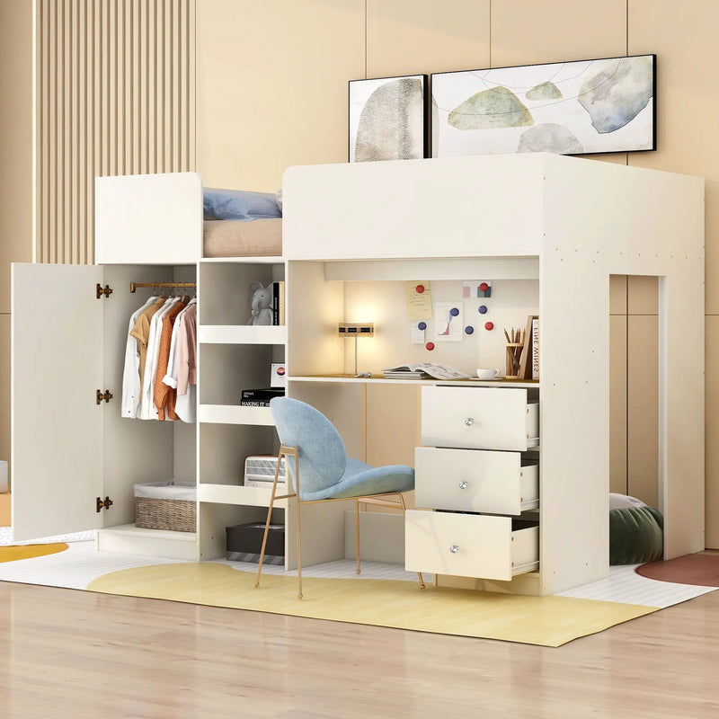 Loft Bed With Built In Wardrobe, Desk, Shelves, And Drawers