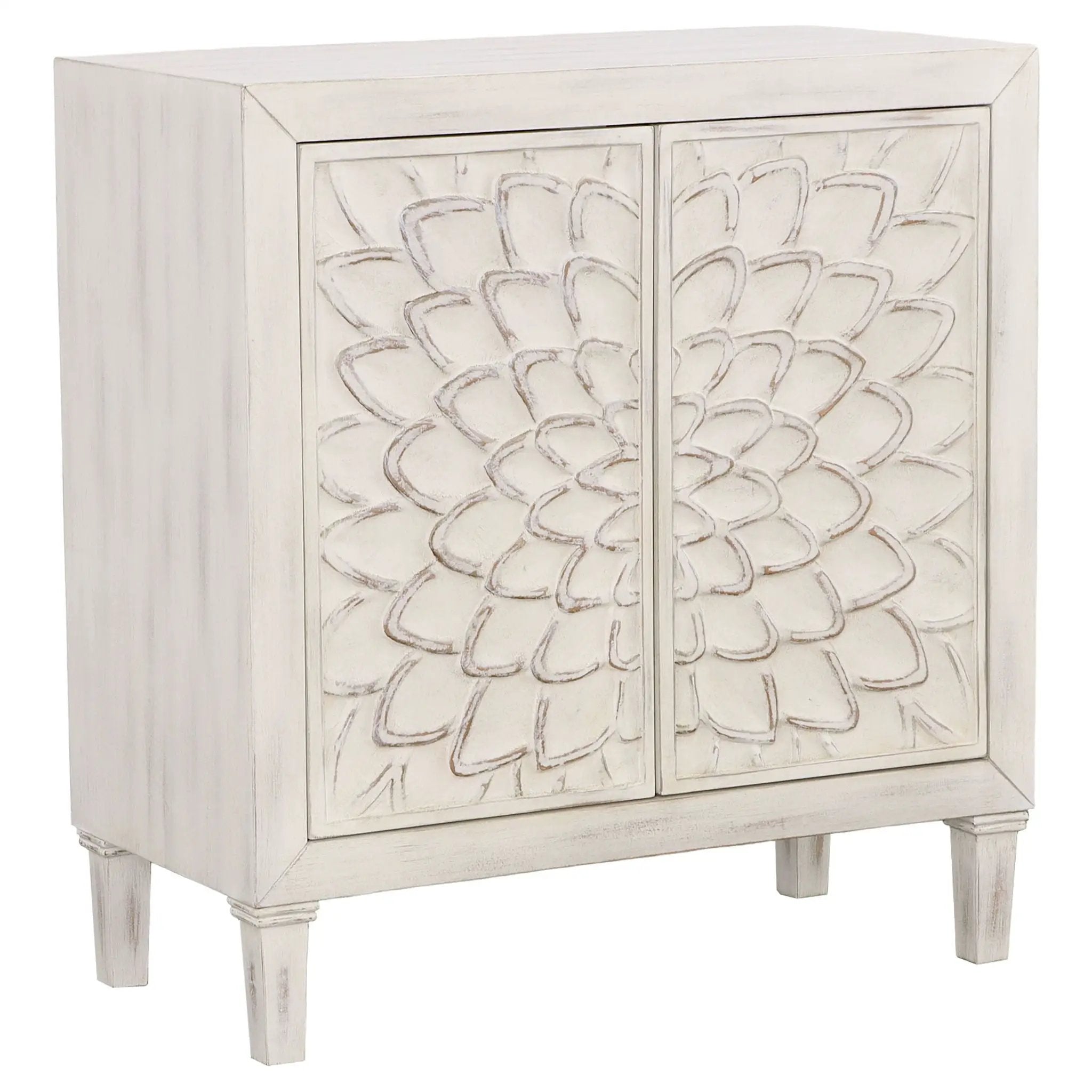 2 Door Accent Cabinet With Floral Carving Storage Furniture - White by HouseOfZazla