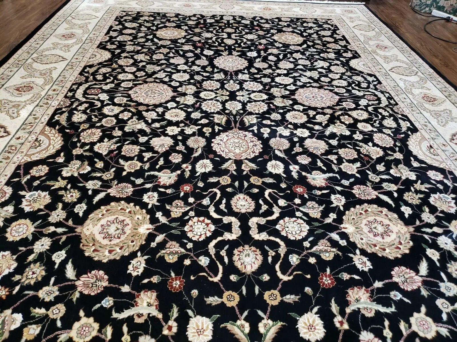 8' 5" X 11' 6" Vintage Handmade Oriental Floral Wool Rug Silk Accent Black Nice by Jewel Rugs