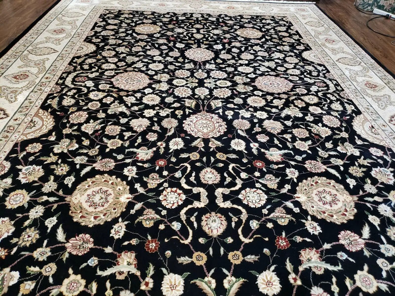 8' 5" X 11' 6" Vintage Handmade Oriental Floral Wool Rug Silk Accent Black Nice by Jewel Rugs
