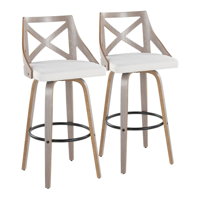Charlotte - Farmhouse Fixed Height Barstool With Swivel & Round Footrest (Set of 2) - Light Gray / Cream by HouseOfZazla