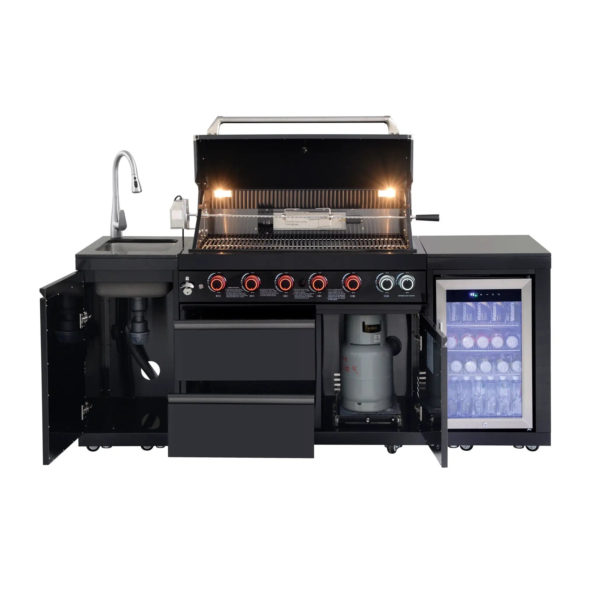 82.5" 6-Burner 83,500 BTU Black Outdoor Kitchen Island Grill Sink + Refrigerator by Chery Industrial