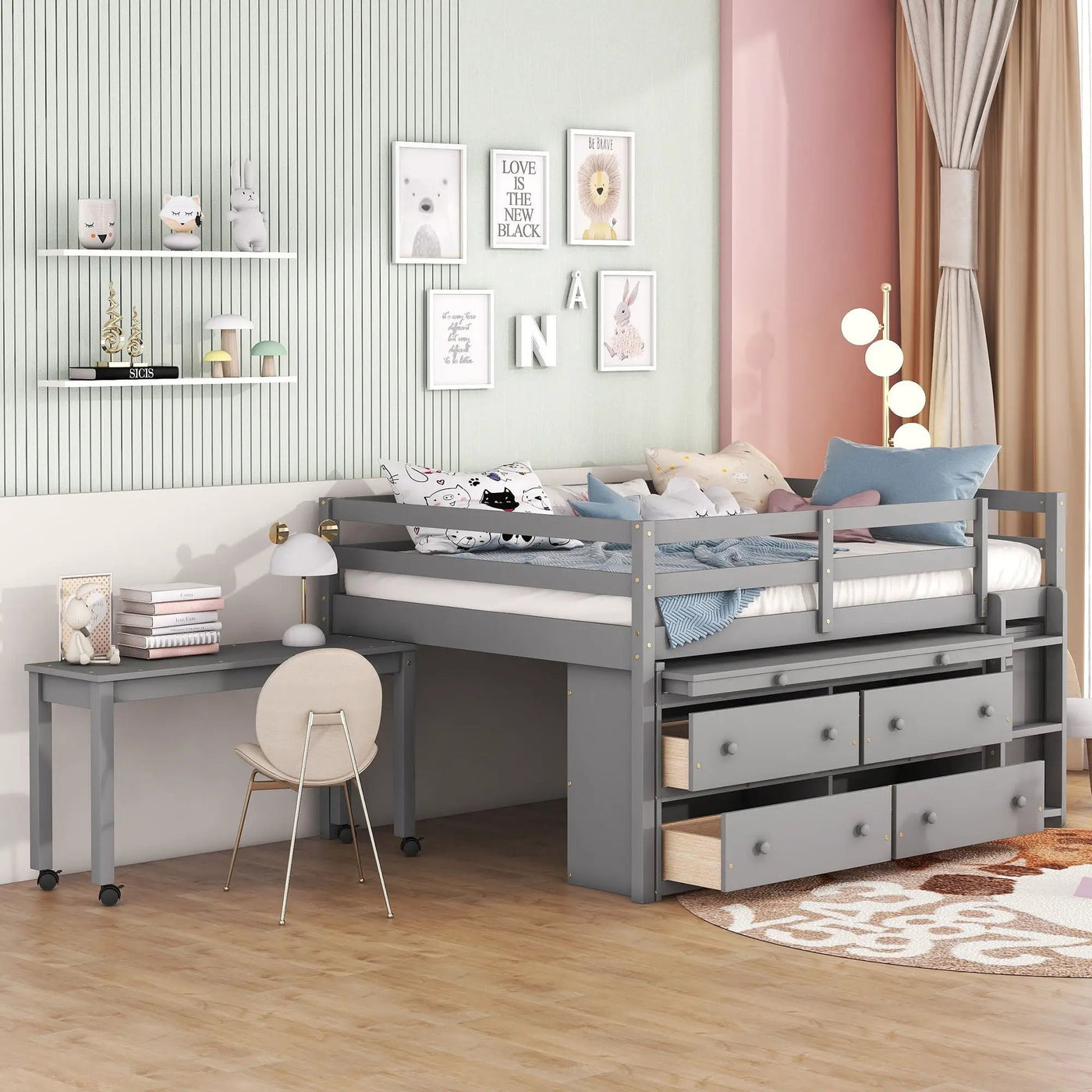Loft Bed With Retractable Writing Desk And 4 Drawers, With Lateral Portable Desk And Shelves by Unique Piece Furniture