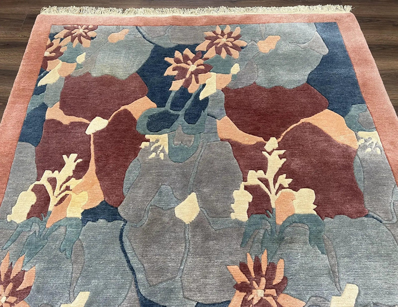 Modern Tibetan Rug 5.7 x 7.9, Abstract Multicolor Flower Pattern, Navy Blue Maroon Salmon, Soft Wool, Hand Knotted Contemporary Carpet 6x8 by Jewel Rugs