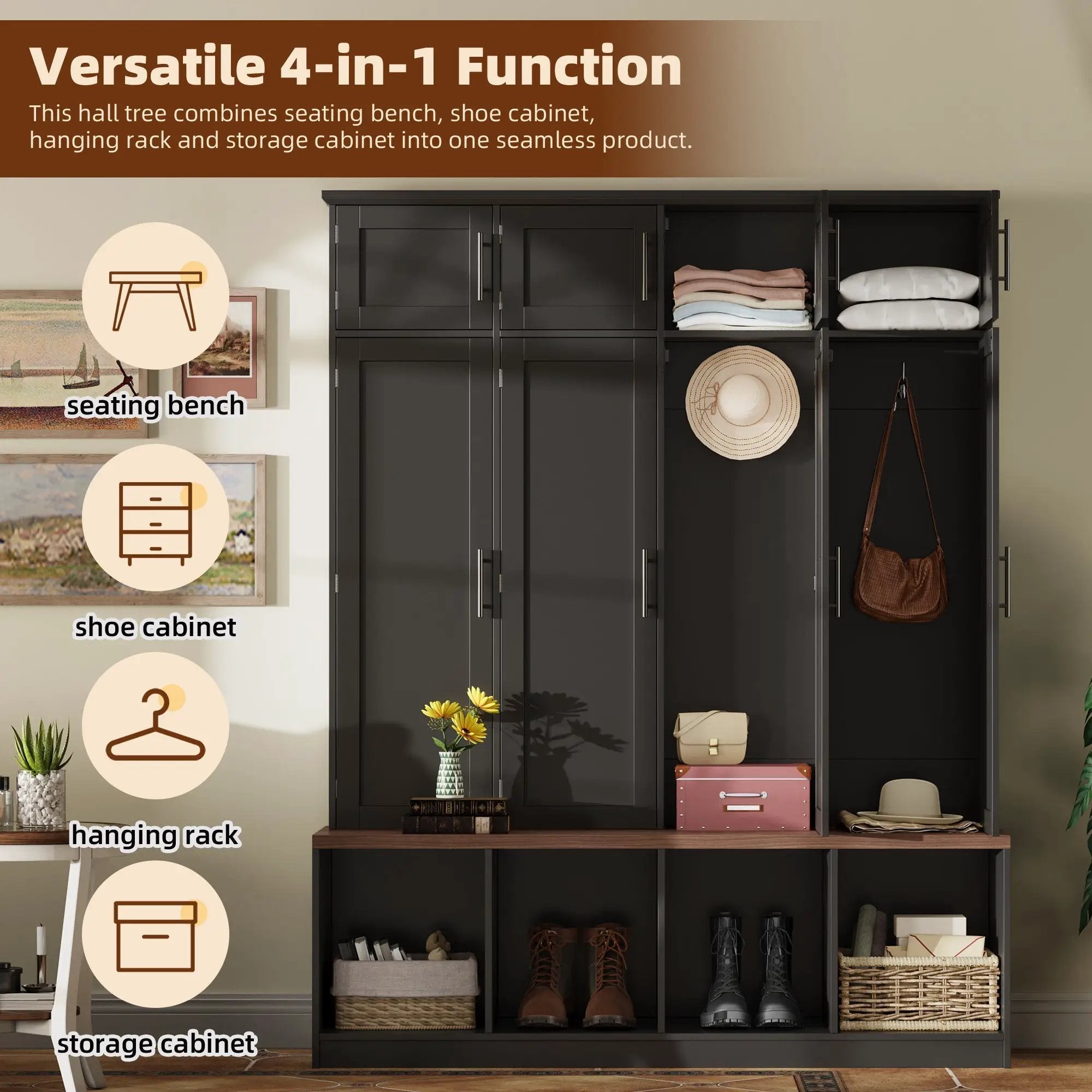 Farmhouse Hall Tree with 4 Hidden Hanging Hooks and Storage Bench by HouseOfZazla
