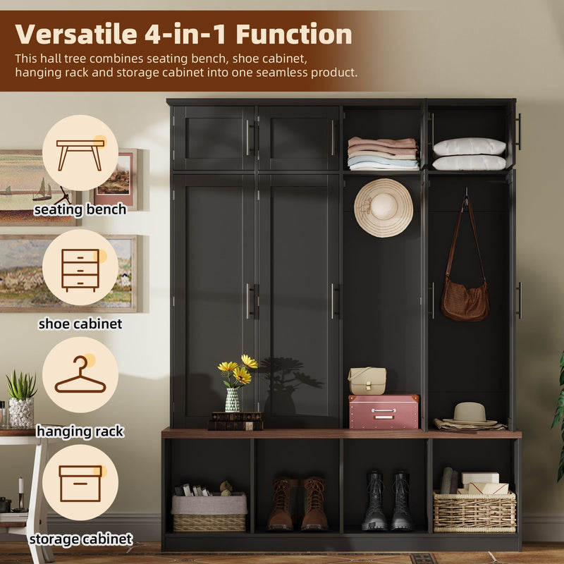 Farmhouse Hall Tree with 4 Hidden Hanging Hooks and Storage Bench by HouseOfZazla