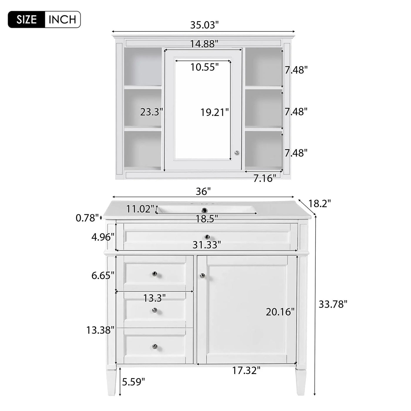 Bathroom Vanity With Mirror Cabinet, Single Sink With 2 Soft Closing Doors And 4 Drawers by Unique Piece Furniture