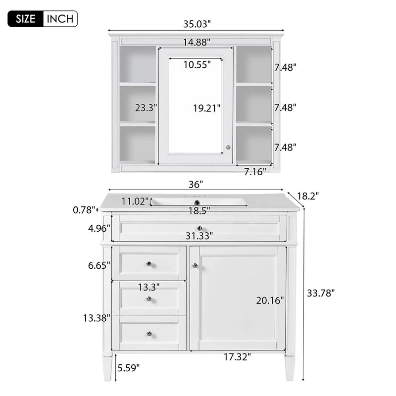 Bathroom Vanity With Mirror Cabinet, Single Sink With 2 Soft Closing Doors And 4 Drawers by HouseOfZazla